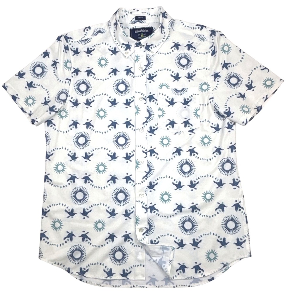 Chubbies The Friday Shirt White Blue Bird Sun Print Stretch Mens Size Medium